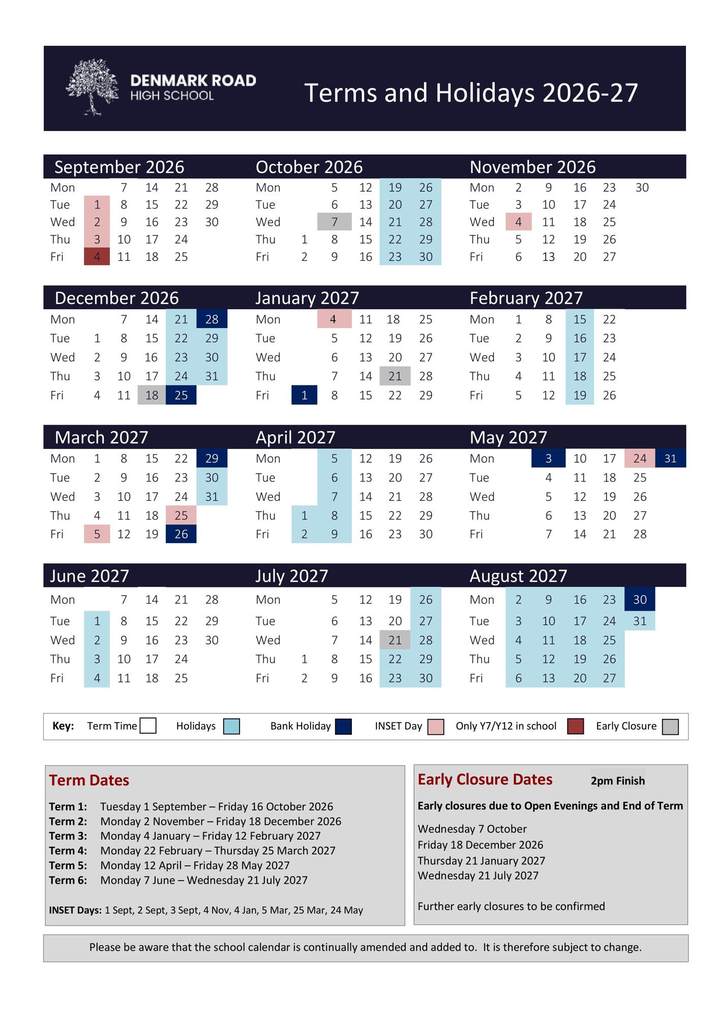 2026 2027 Term Dates   Denmark Road High School